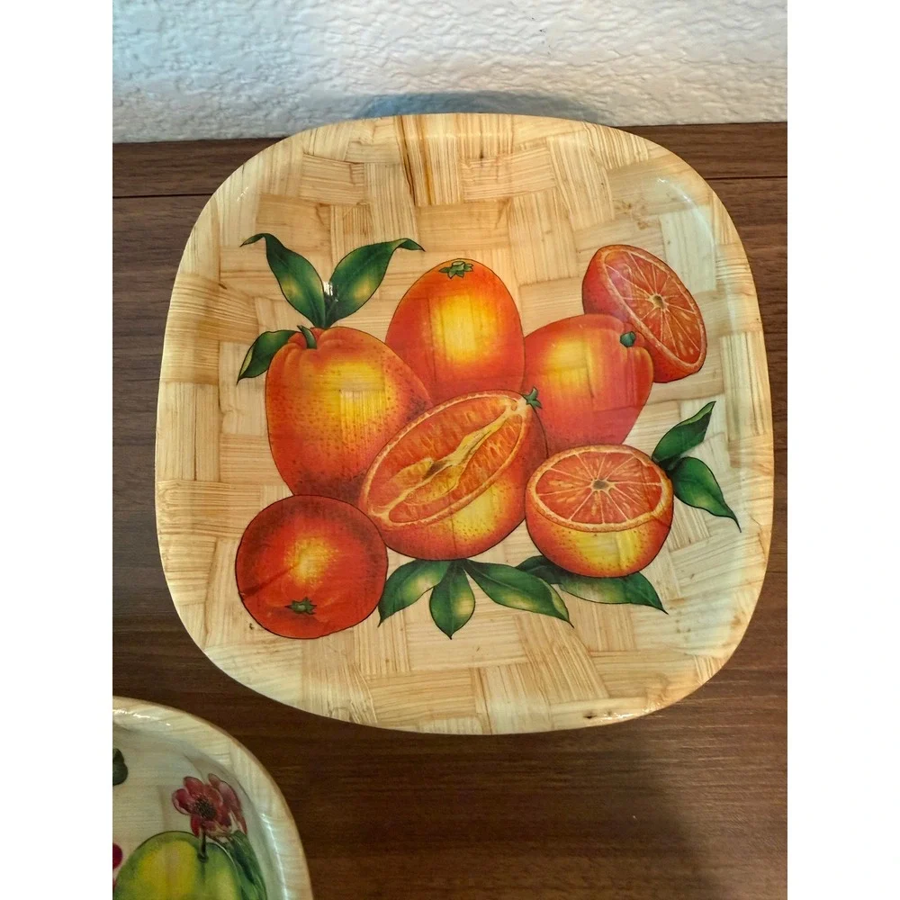 Vintage Set of 3 Bamboo Woven Handpainted Fruit Pear Orange Bowls‎ 6